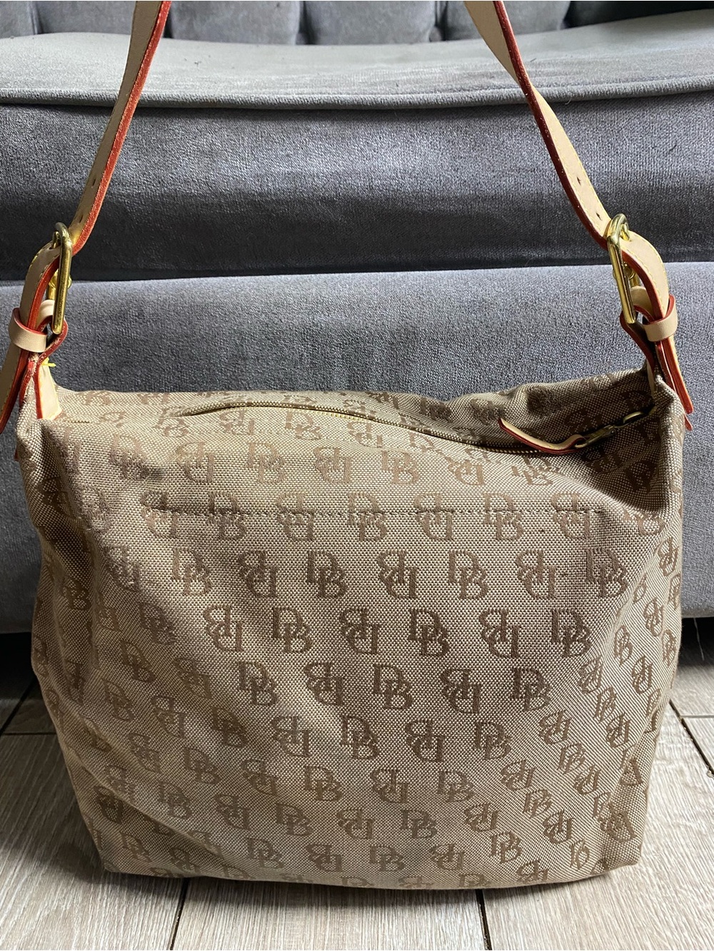 Vintage Dooney & Bourke Tan Signature Monogram Canvas Hobo Shoulder Bag Purse